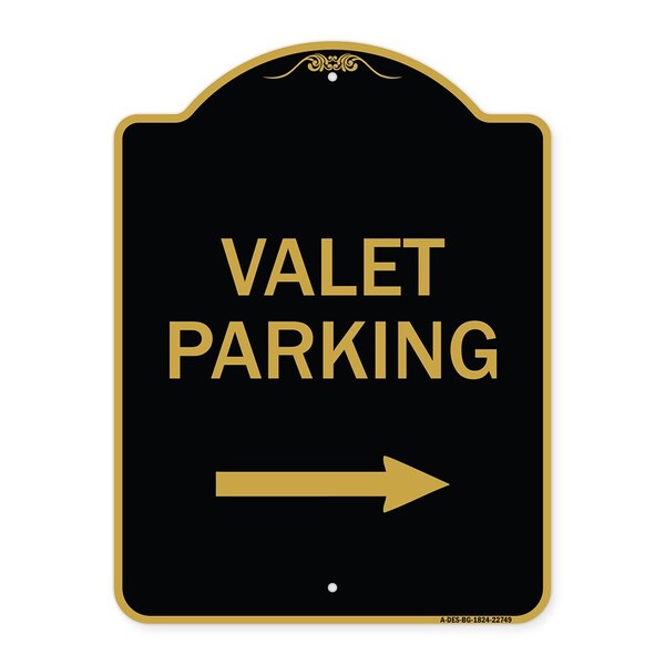 Signmission Valet Parking with Right Arrow, Black & Gold Aluminum Architectural Sign, 18" x 24", BG-1824-22749 A-DES-BG-1824-22749 - main